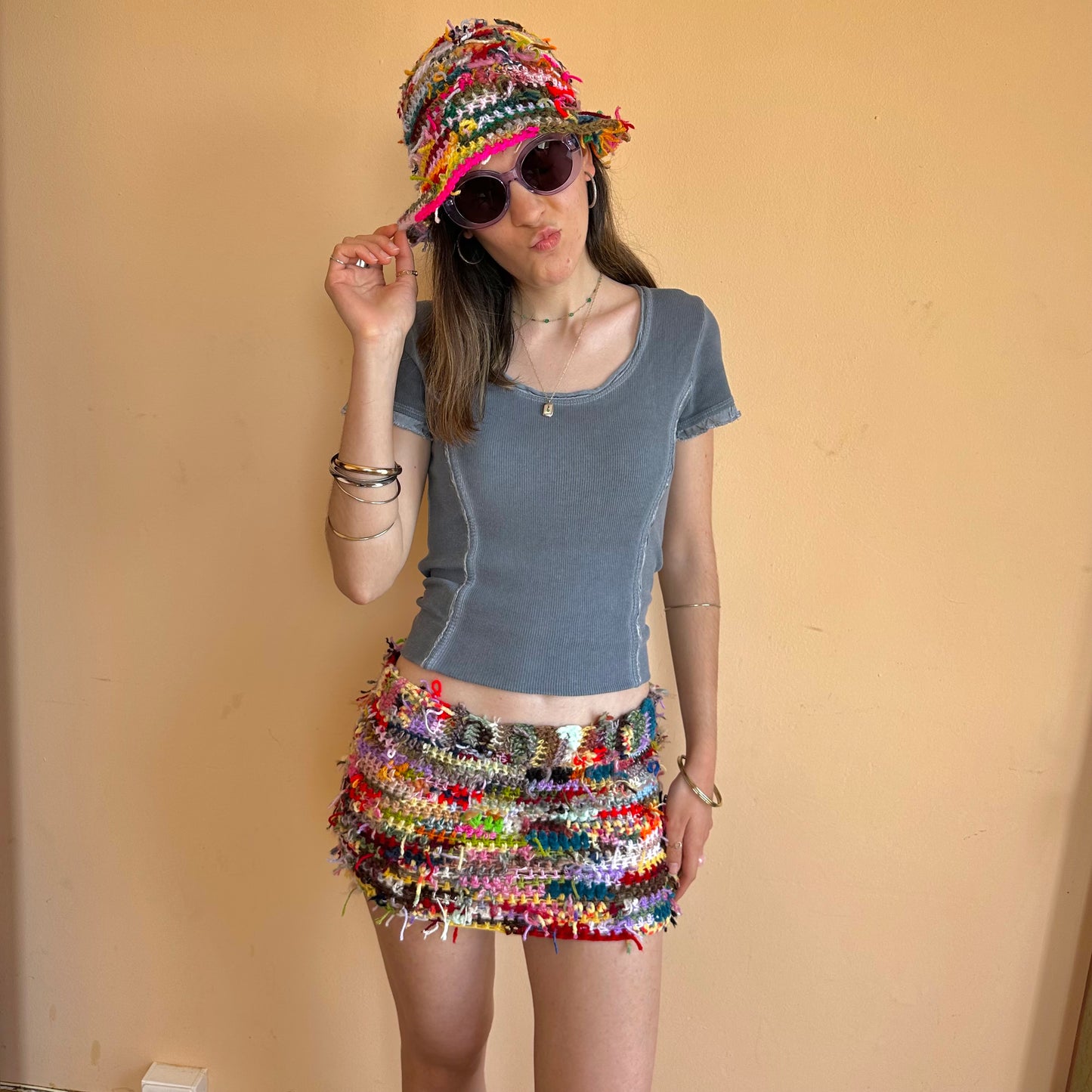 Handmade scrappy crochet mini skirt - 1 of 1, made of leftover yarn scraps