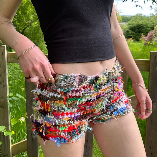 Handmade scrappy crochet shorts - 1 of 1, made of leftover yarn scraps