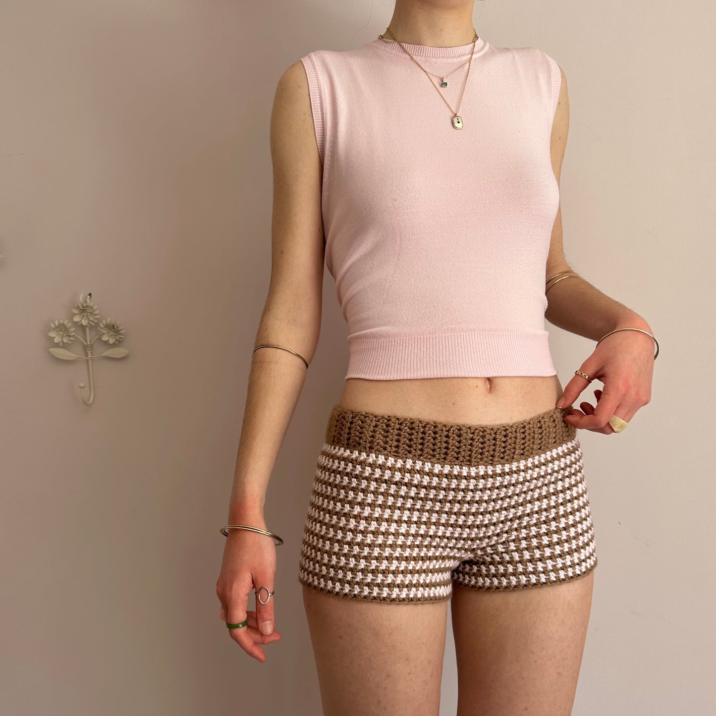 Handmade tan and baby pink striped crochet shorts