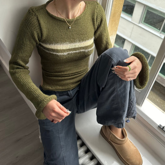 Handmade khaki green bow tie up knit jumper