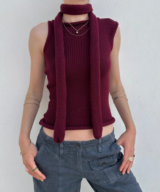 Handmade knitted skinny scarf in burgundy