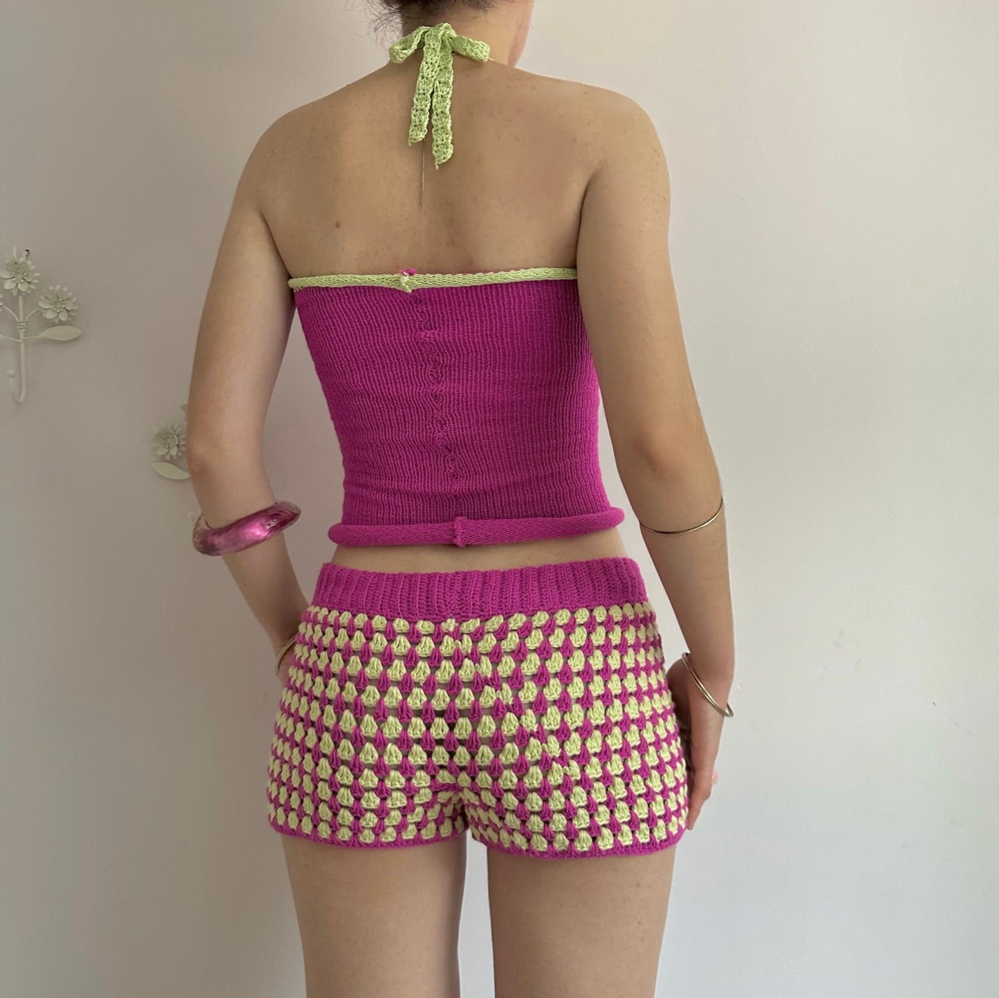 The Pink and Lime Set - matching crochet shorts and knit tank top