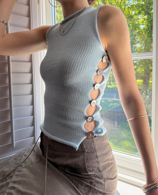 The Pearl Vest in baby blue - handmade knitted vest with grey mother of pearl buttons