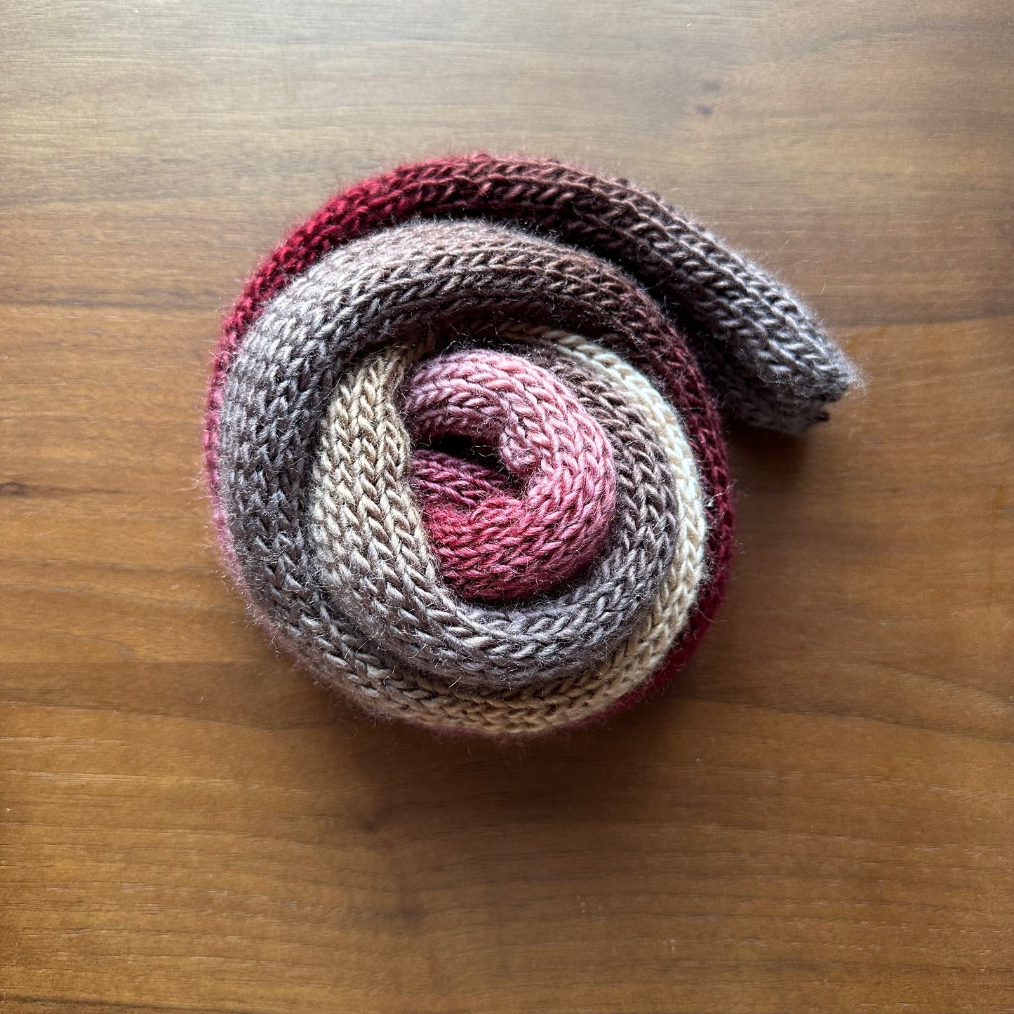 Handmade knitted ombré skinny scarf in burgundy, beige and brown