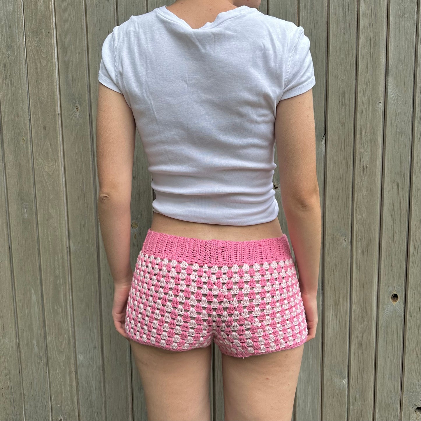 Handmade gingham crochet shorts in pink