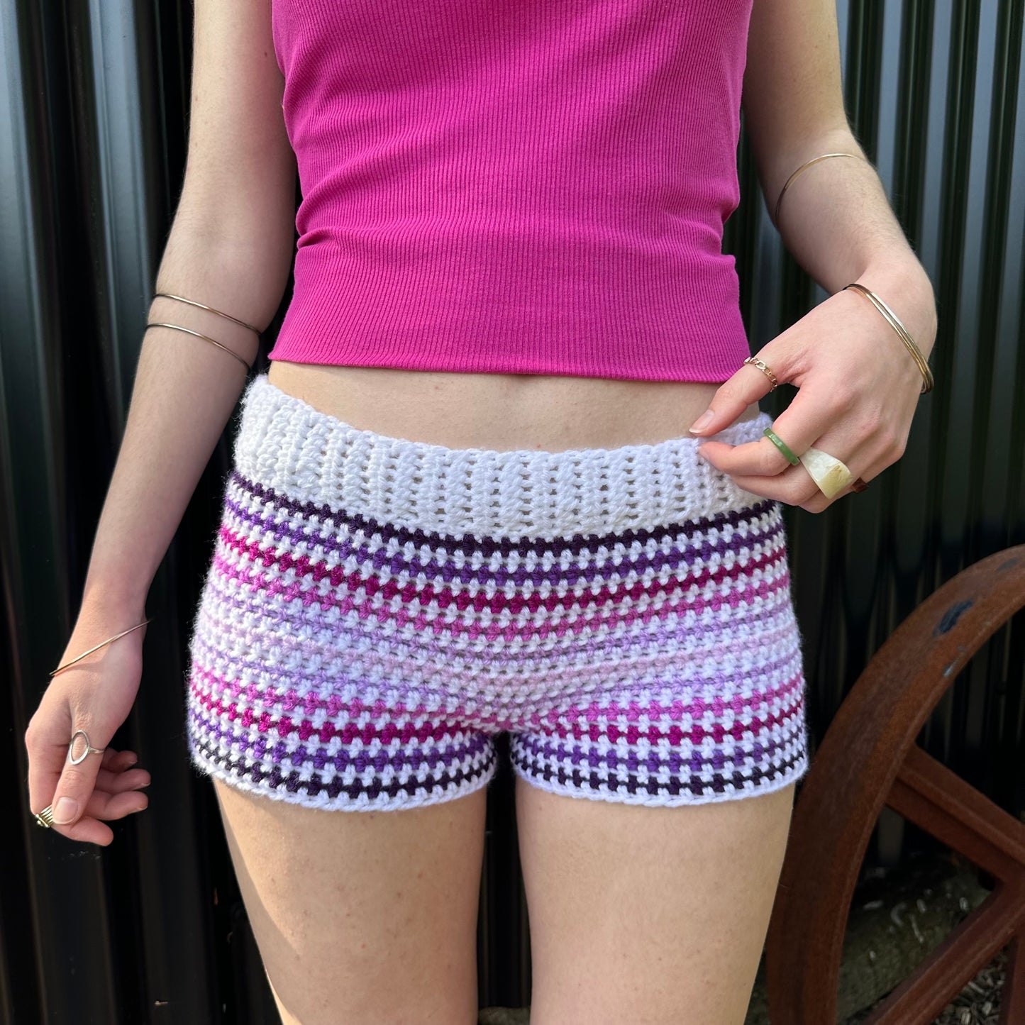 Handmade white and purple ombré striped crochet shorts