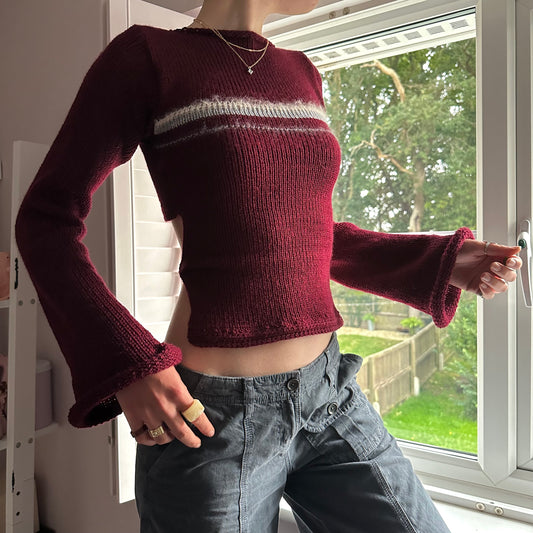 The Bordeaux Jumper - handmade burgundy, grey and cream bow tie up knit jumper