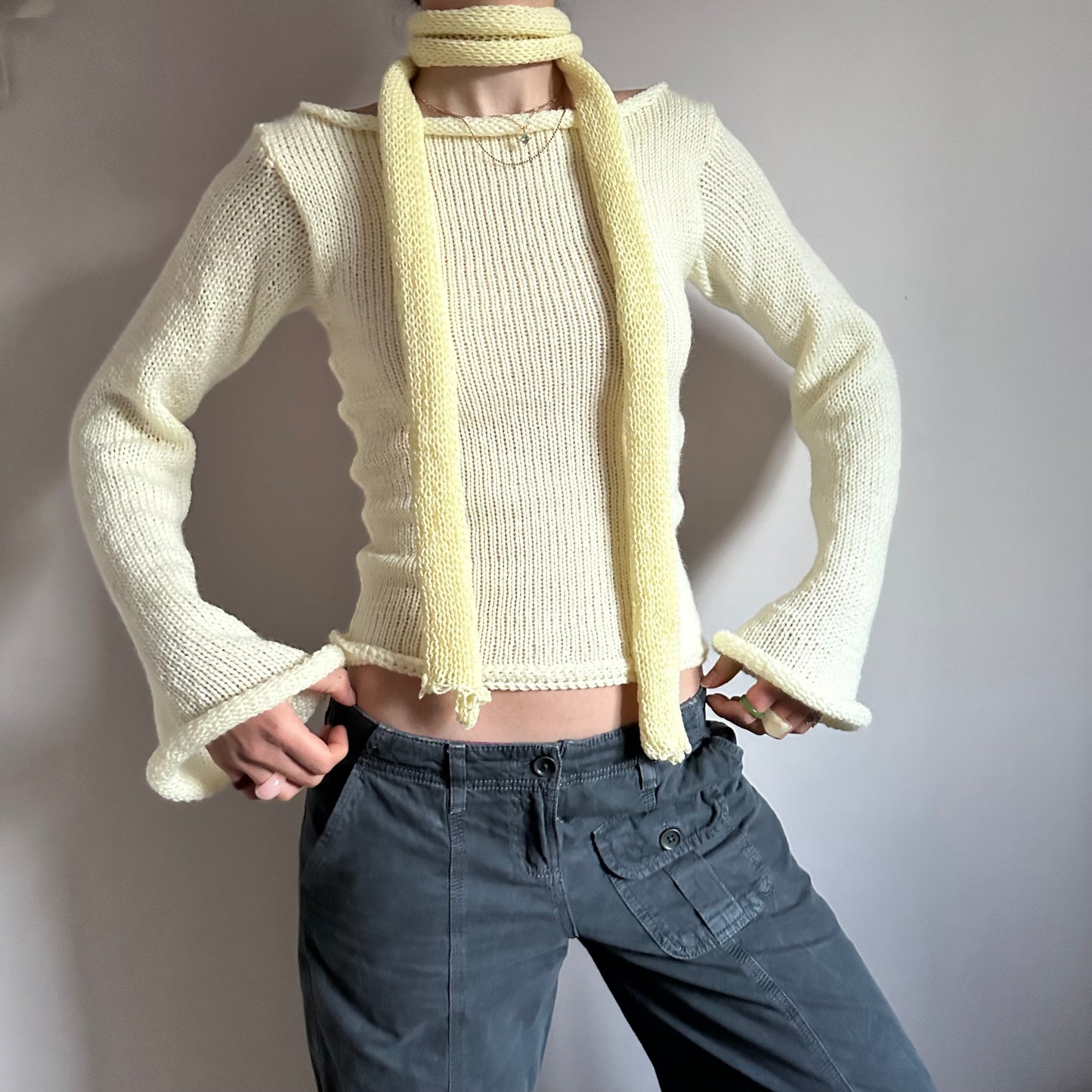 Handmade cream boat neck knitted jumper