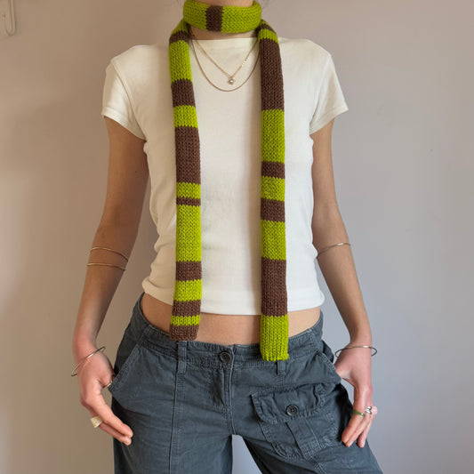 Handmade knitted striped skinny scarf in green and brown