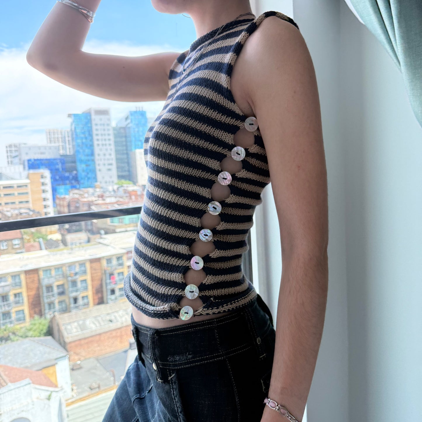 Handmade knitted Pearl Vest - navy blue and beige striped