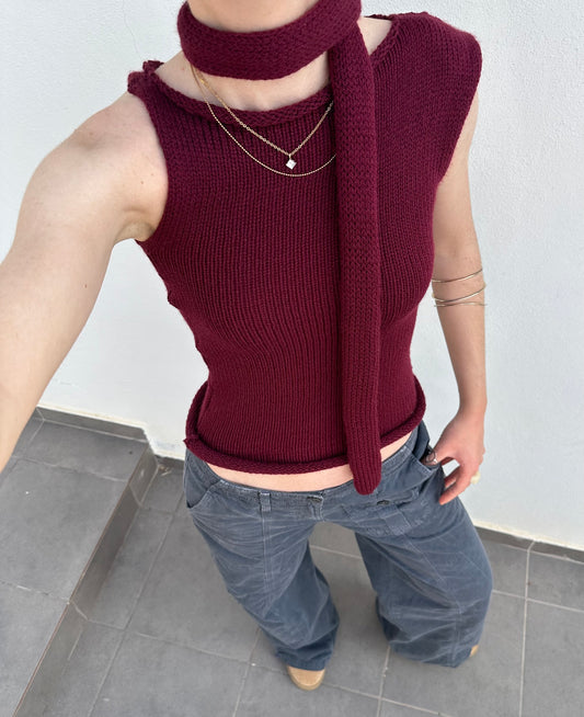 Handmade burgundy off the shoulder knit vest