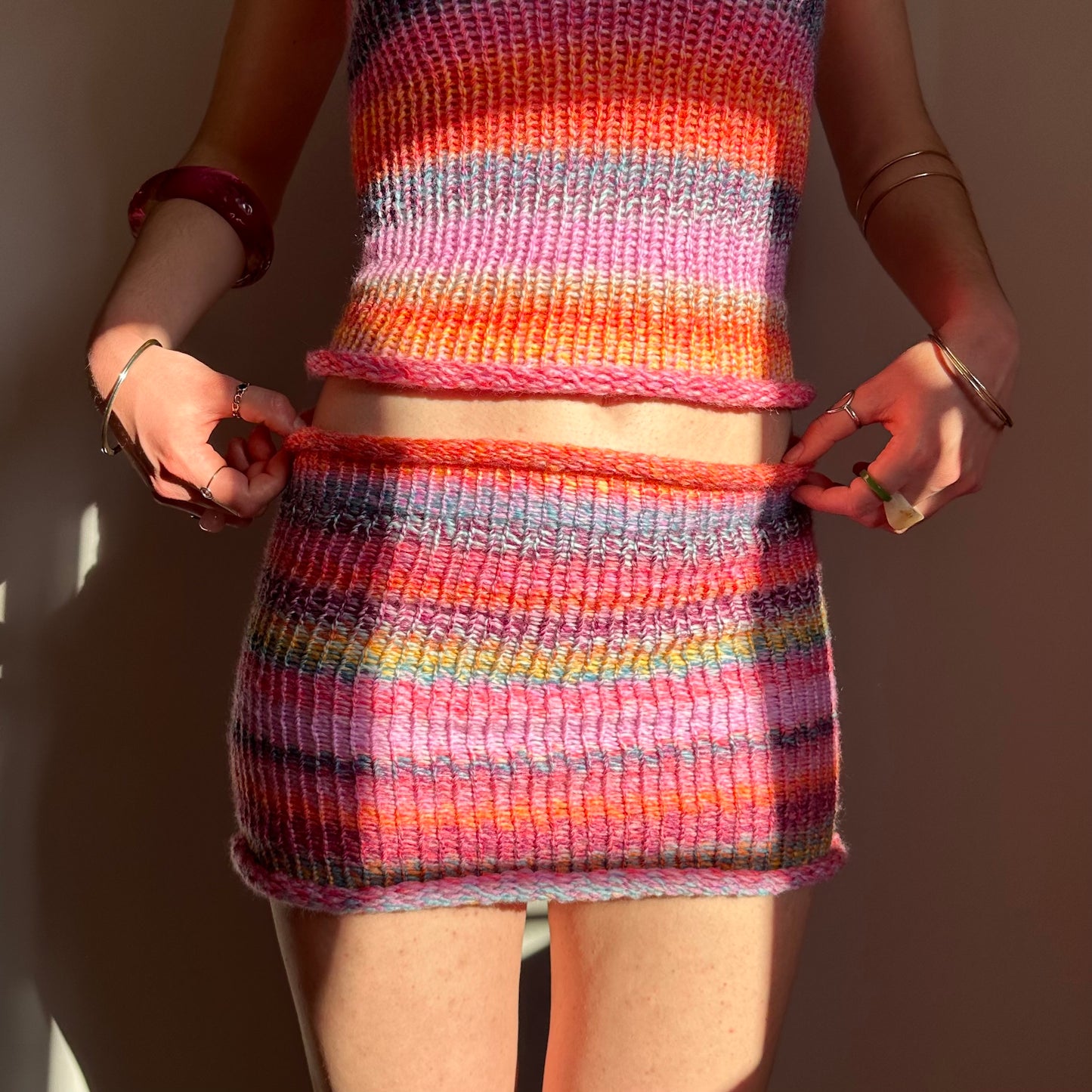 SET: Handmade knitted halter top and skirt in pink, purple, orange and yellow