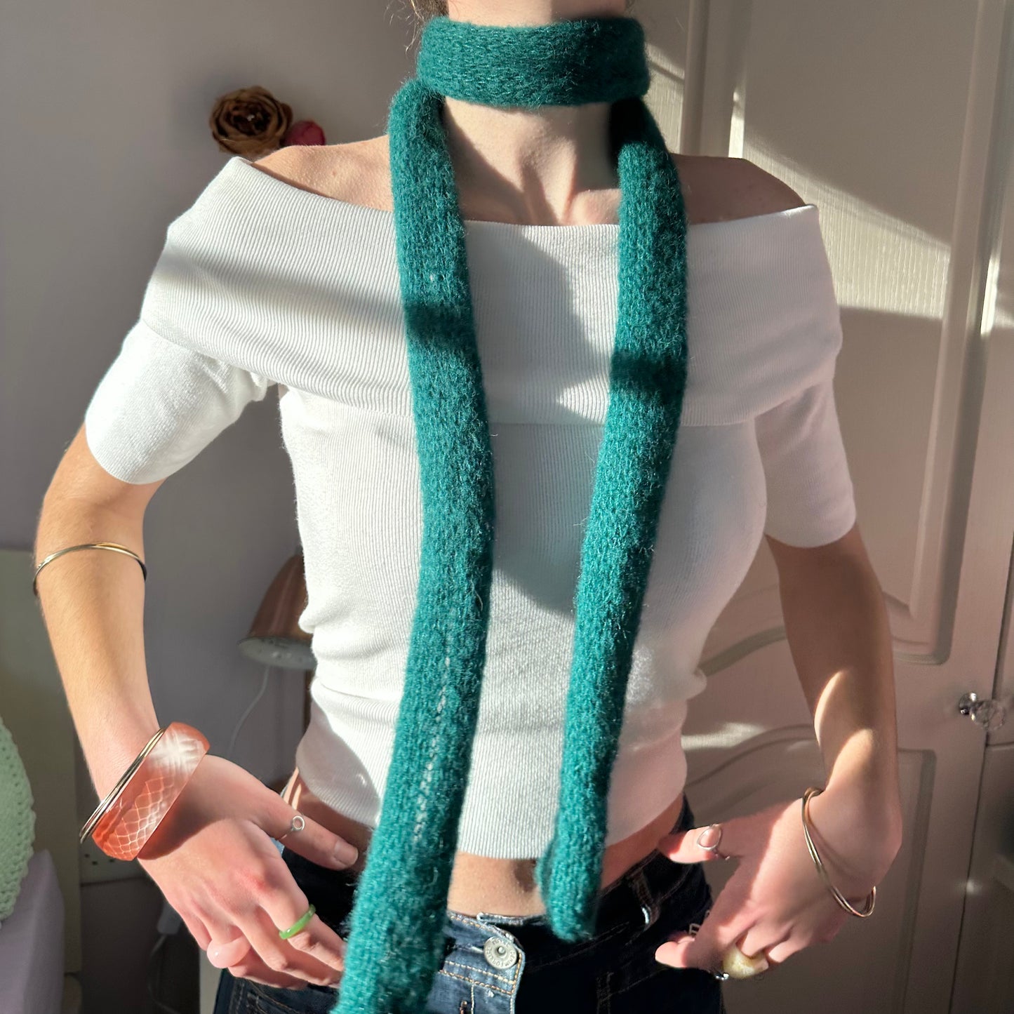 Handmade knitted mohair skinny scarf in emerald green