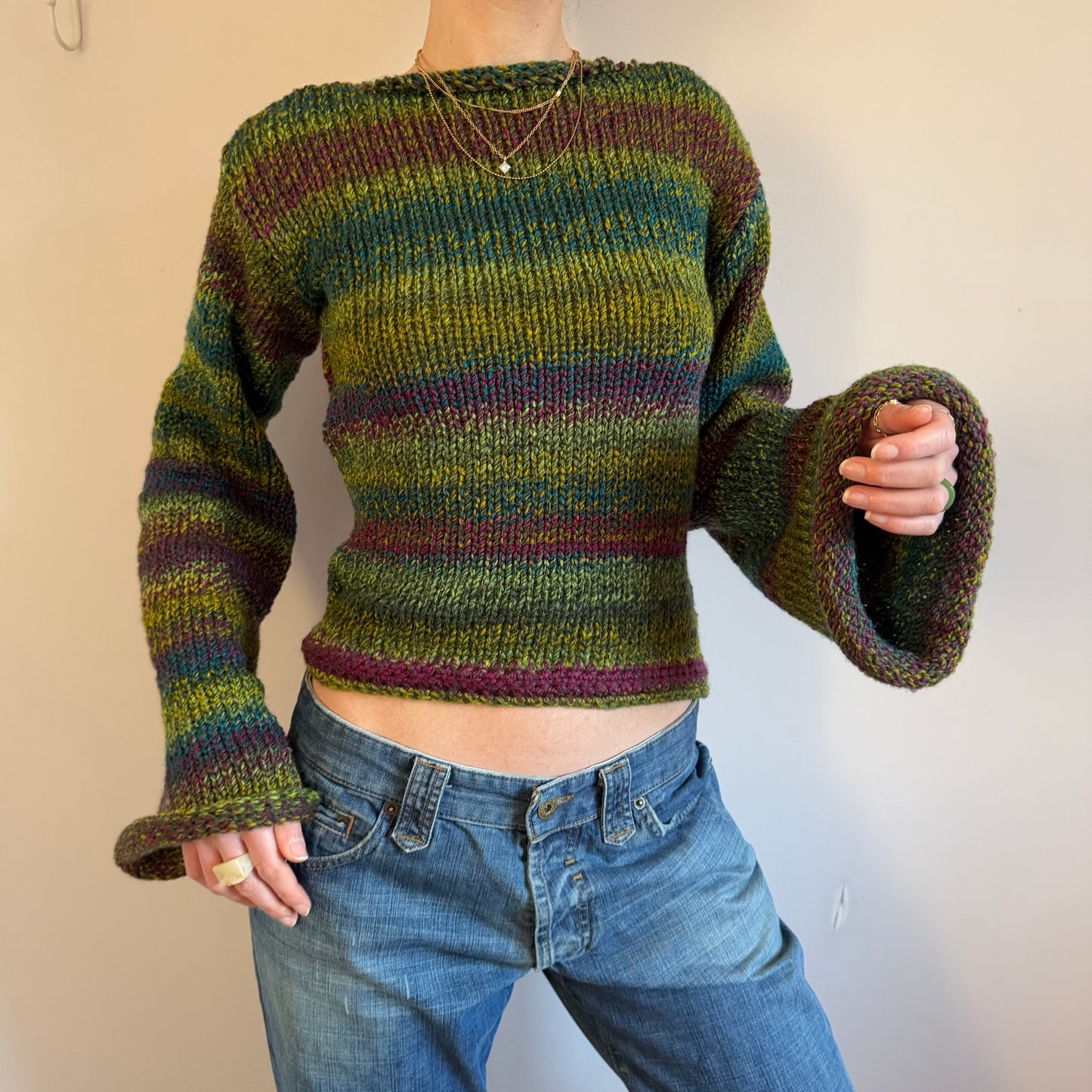 Handmade purple, green and teal ombré knitted jumper