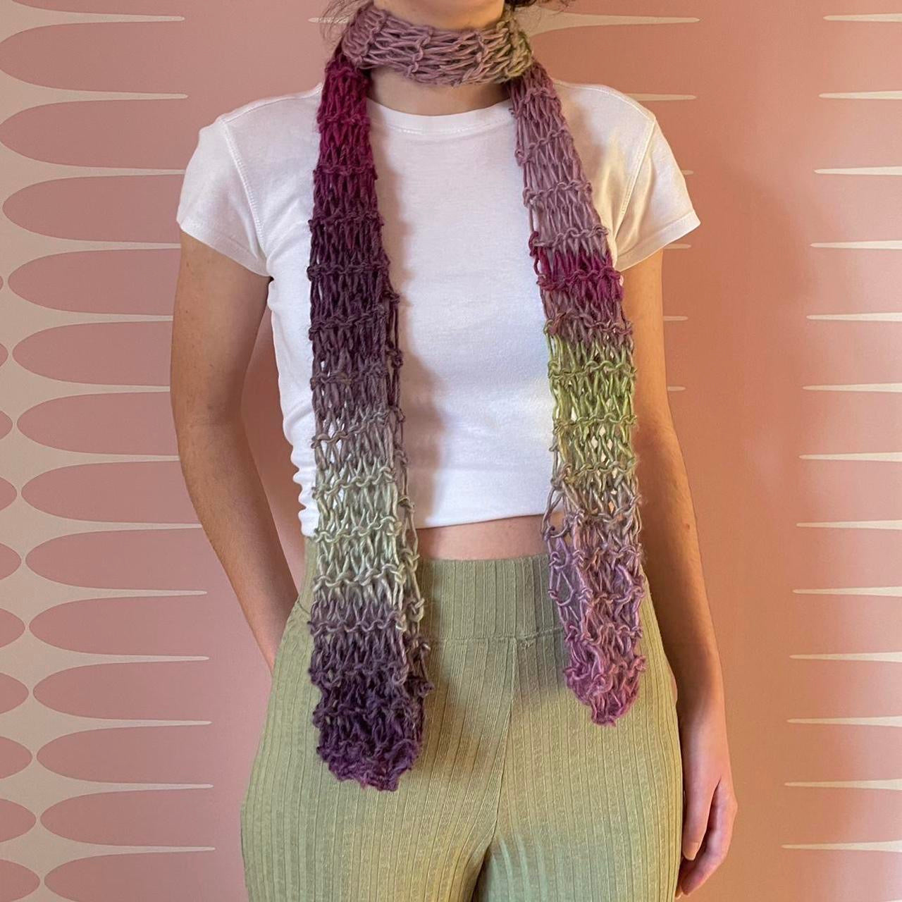 Handmade loose knit scarf in ombré green and purple