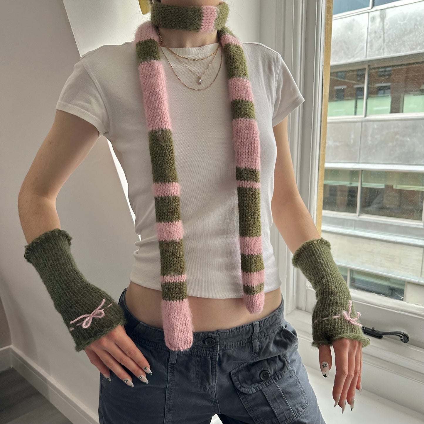 Handmade knitted stripy skinny scarf in dusky pink and khaki green