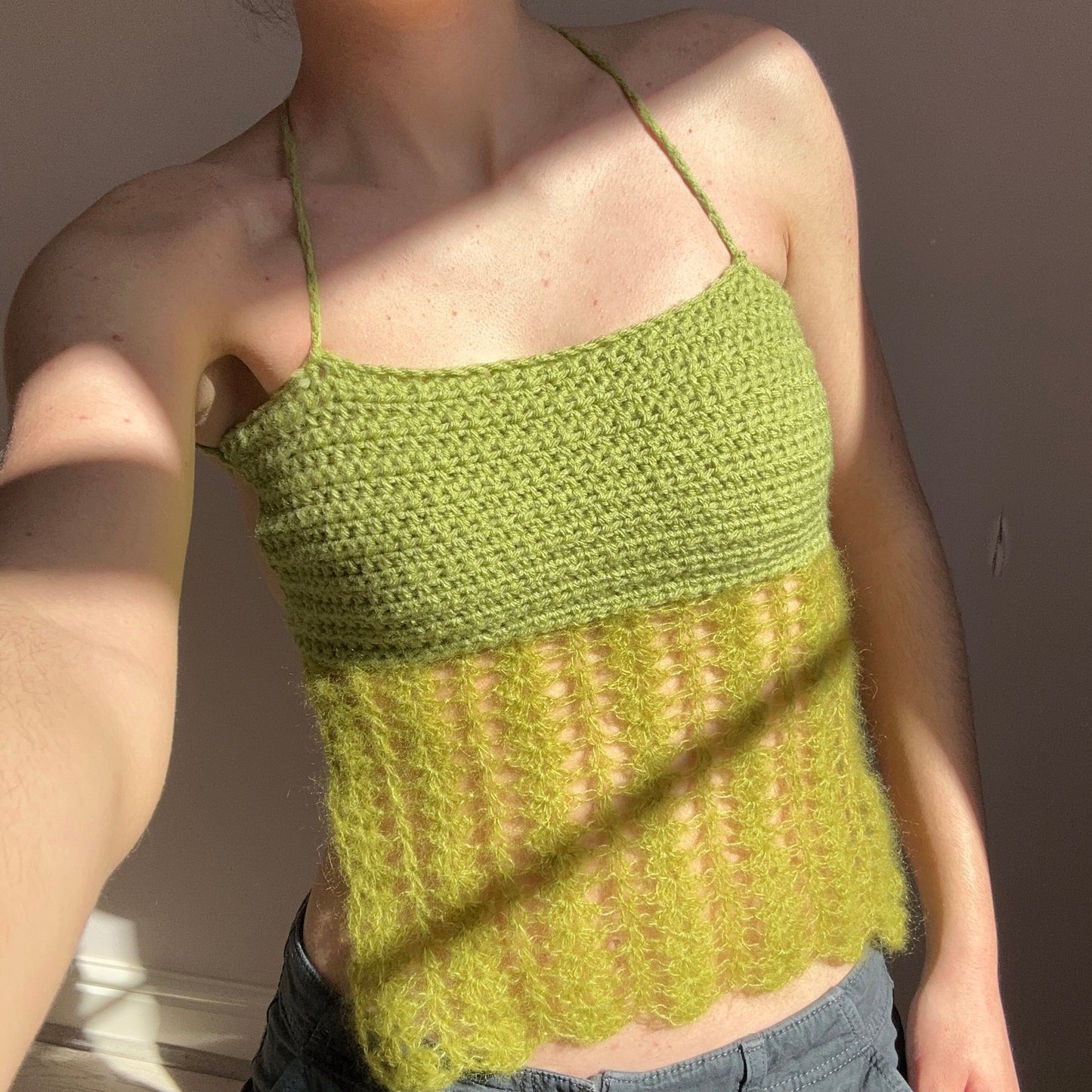 Handmade crochet mohair lace cami top in green