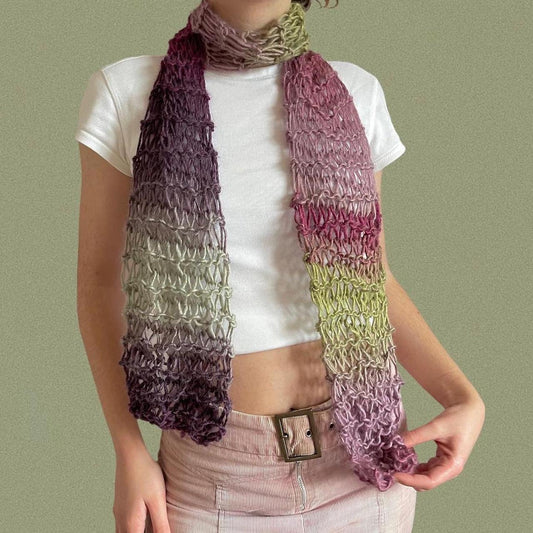 Handmade loose knit scarf in ombré green and purple