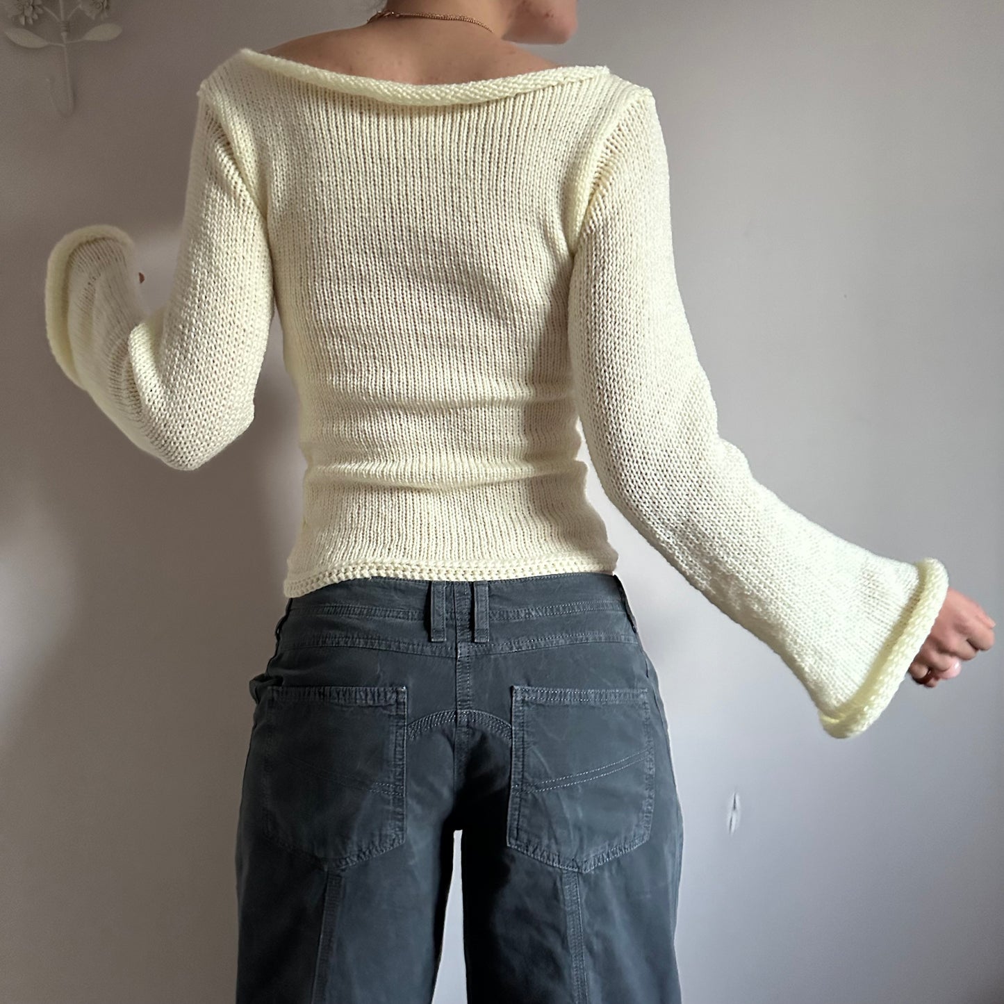 Handmade cream boat neck knitted jumper