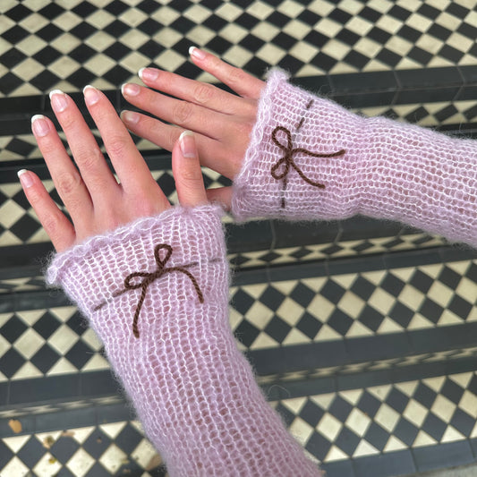 Handmade knitted mohair hand warmers in baby pink & brown - with thumb hole