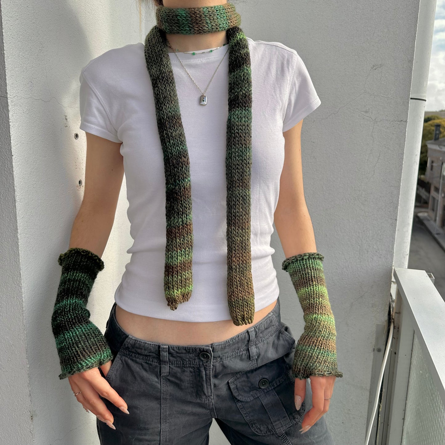 Handmade knitted green ombré skinny scarf