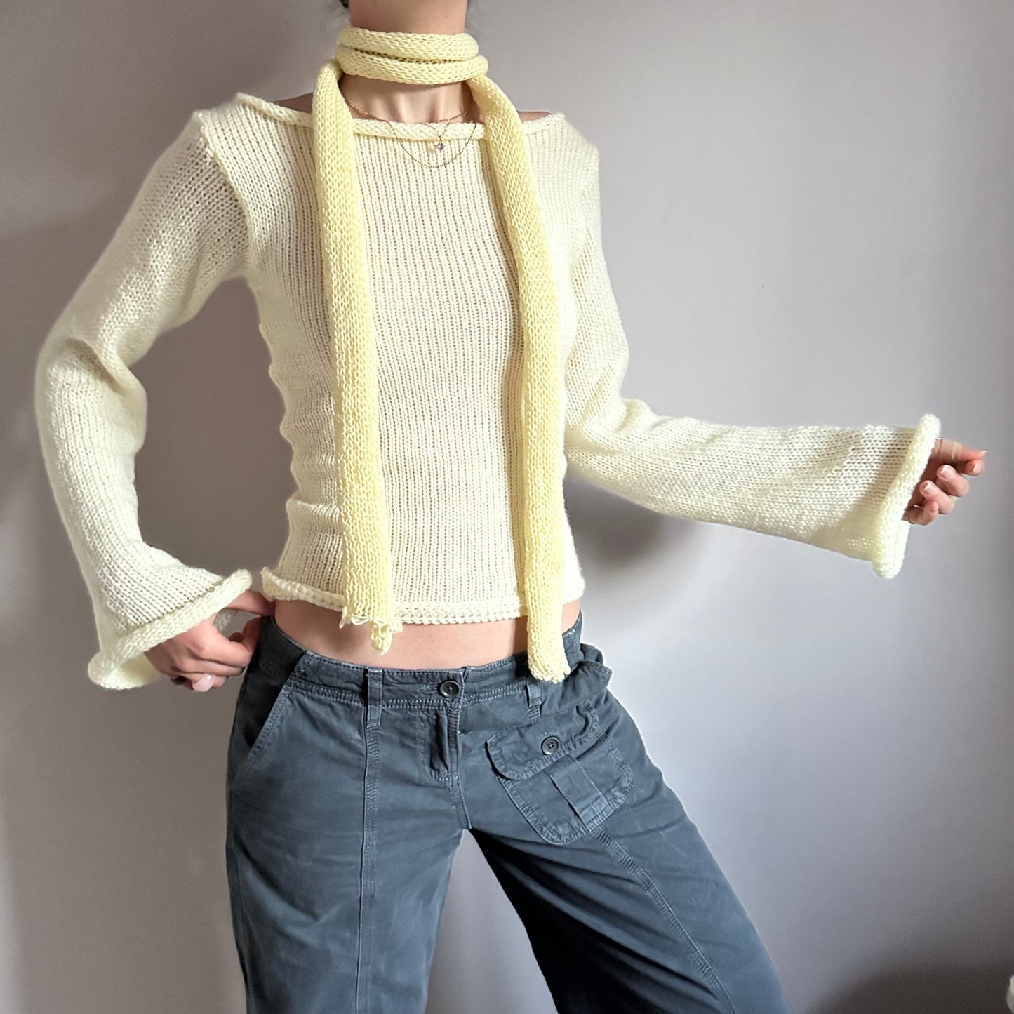 Handmade cream boat neck knitted jumper