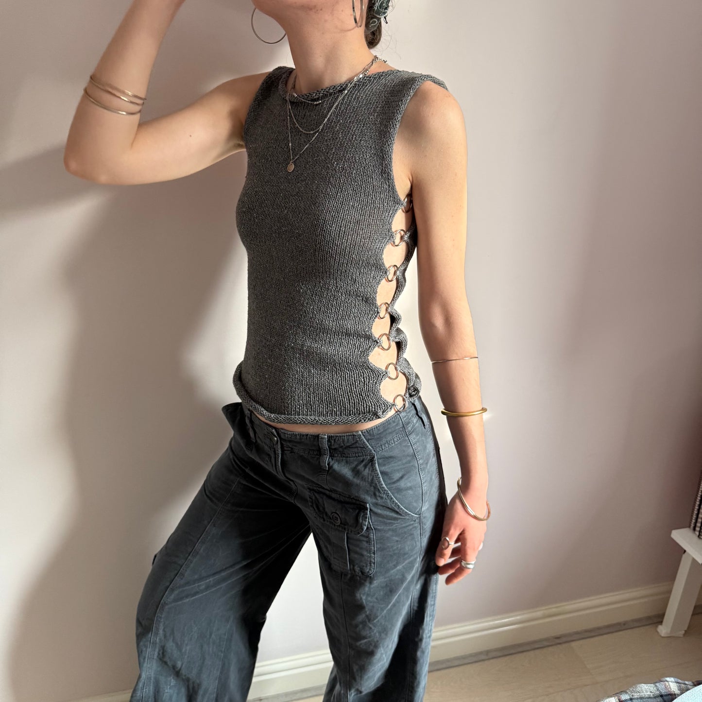 Handmade multiwear o-ring knitted vest in grey