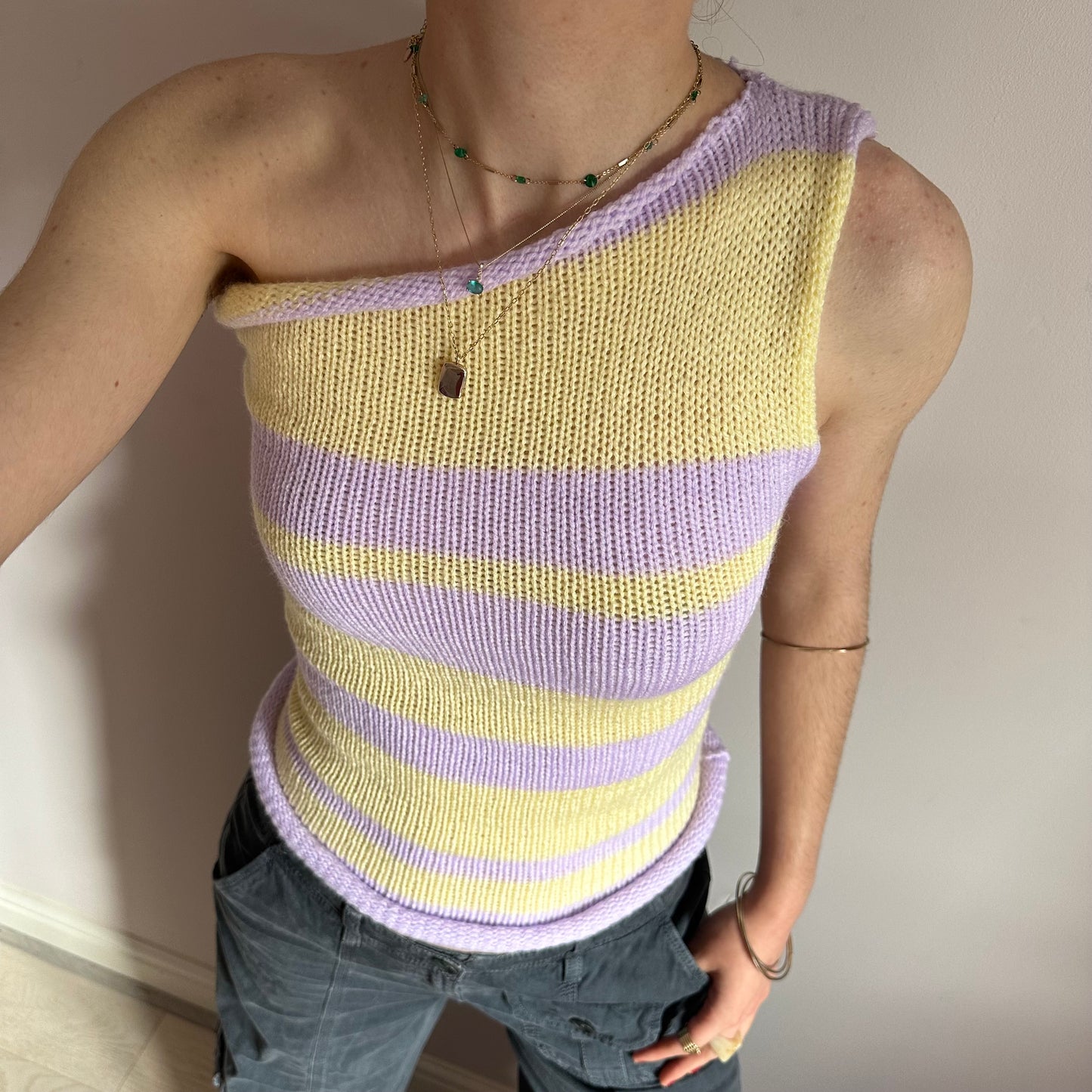 Handmade knitted striped one shoulder top in pastel yellow and lilac