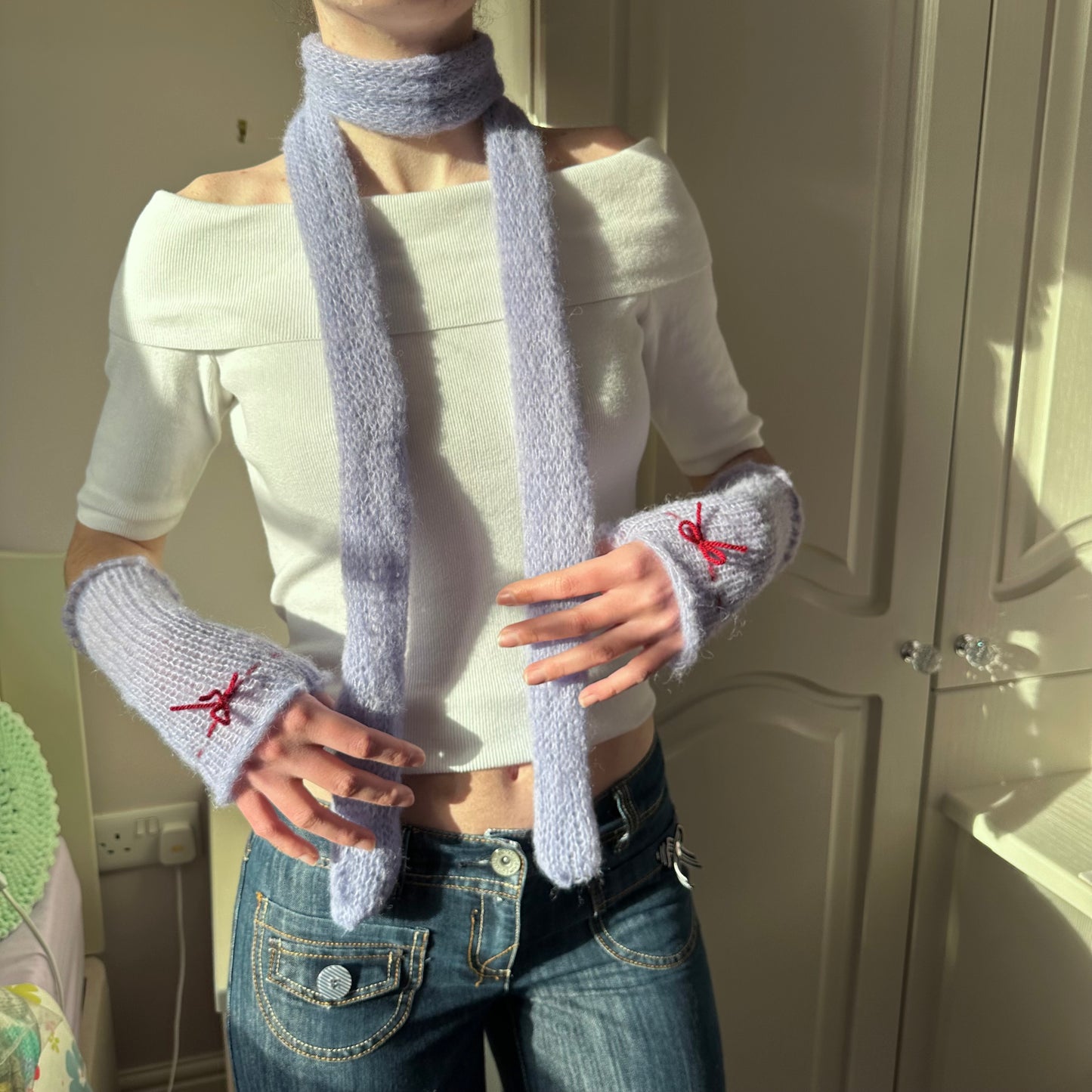 Handmade knitted mohair skinny scarf in baby blue