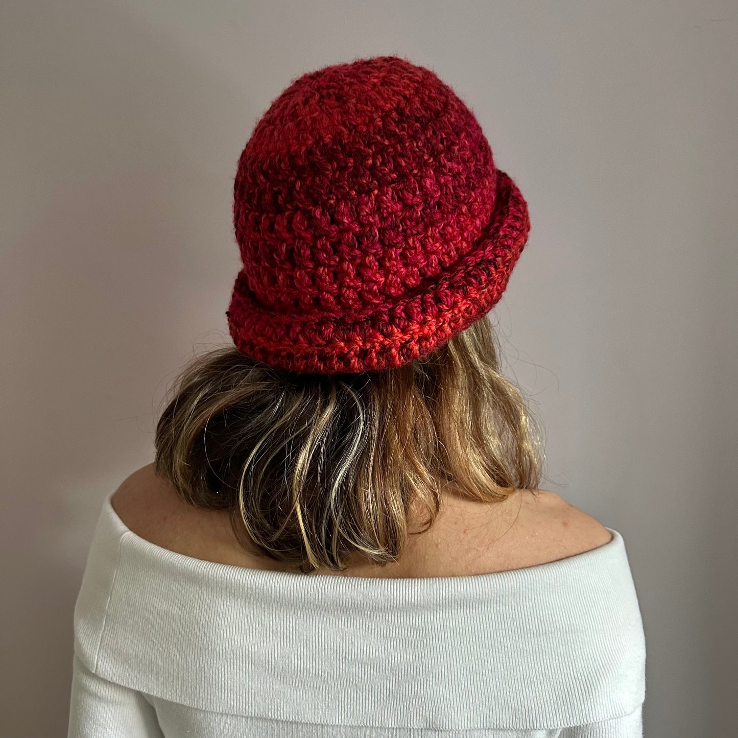 Handmade red ombré chunky crochet bowler hat