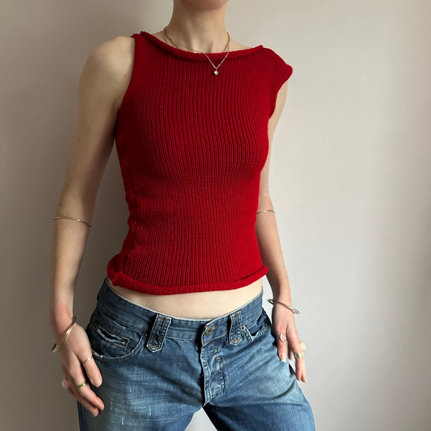 Handmade dark red off the shoulder knit vest