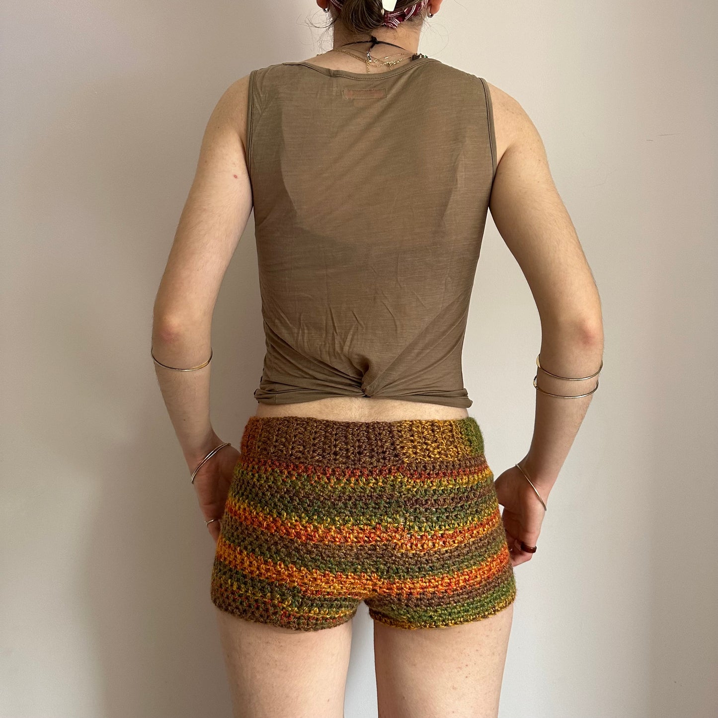 Handmade earth tones ombré striped crochet shorts