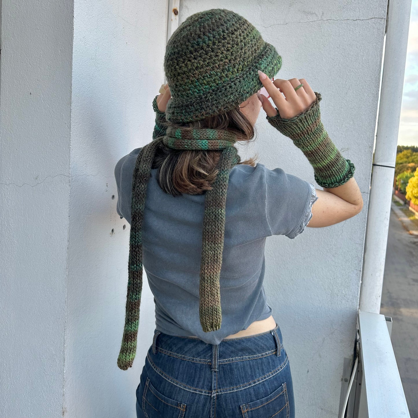 Handmade knitted green ombré skinny scarf