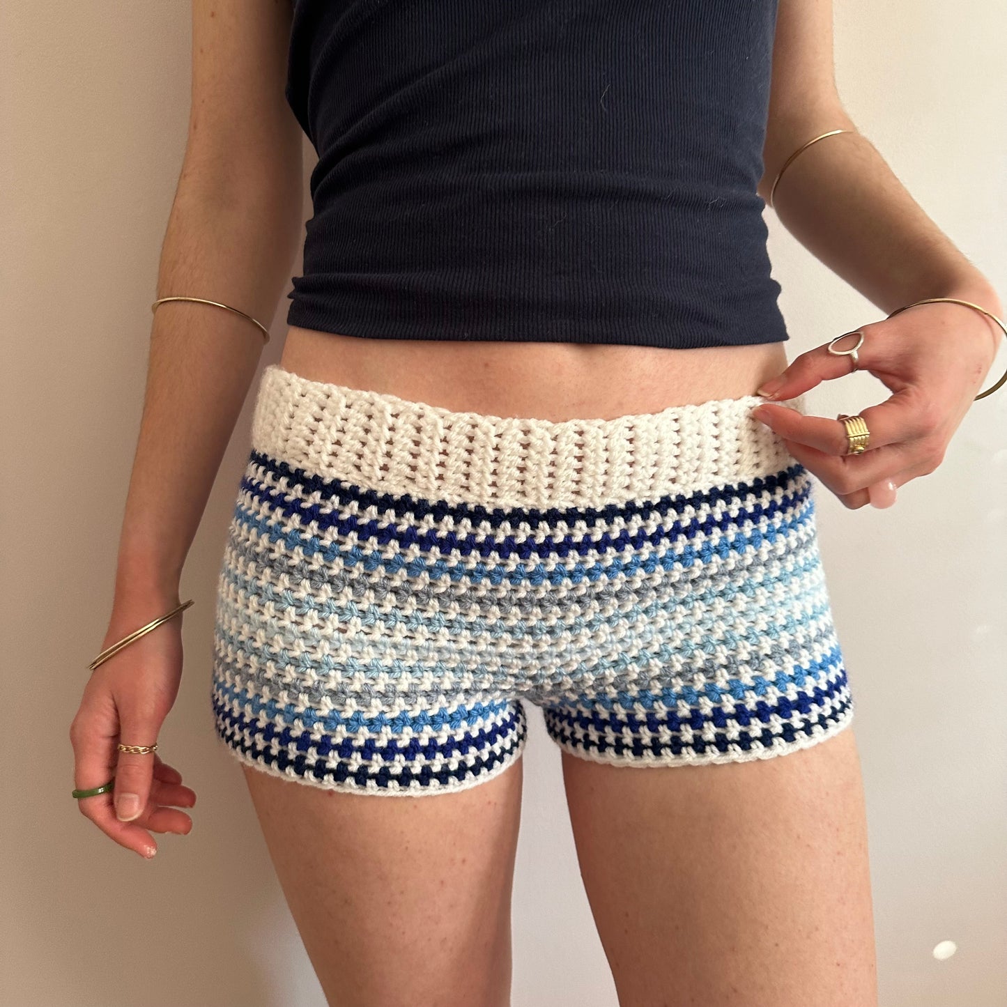 Handmade white and blue ombré striped crochet shorts