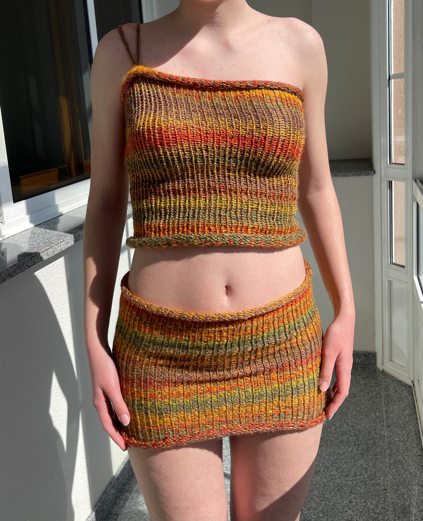 Handmade knitted mini skirt in earth tones