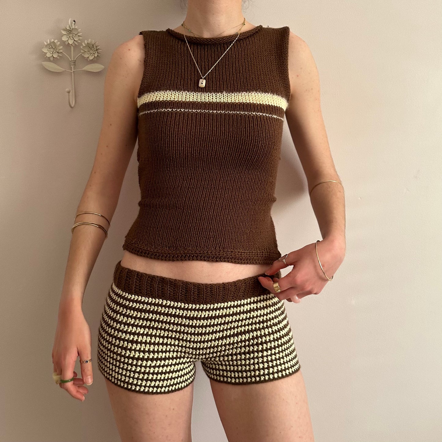 The Sienna Set - matching striped crochet shorts and bow tie up knit vest top