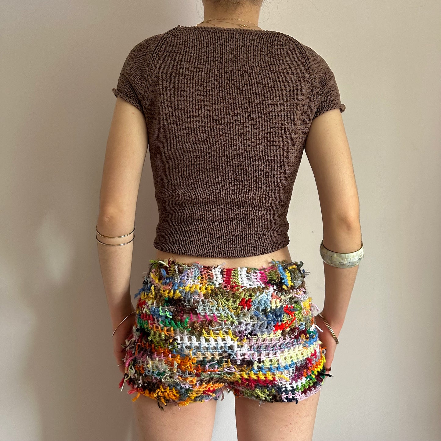 Handmade scrappy crochet shorts - 1 of 1, made of leftover yarn scraps