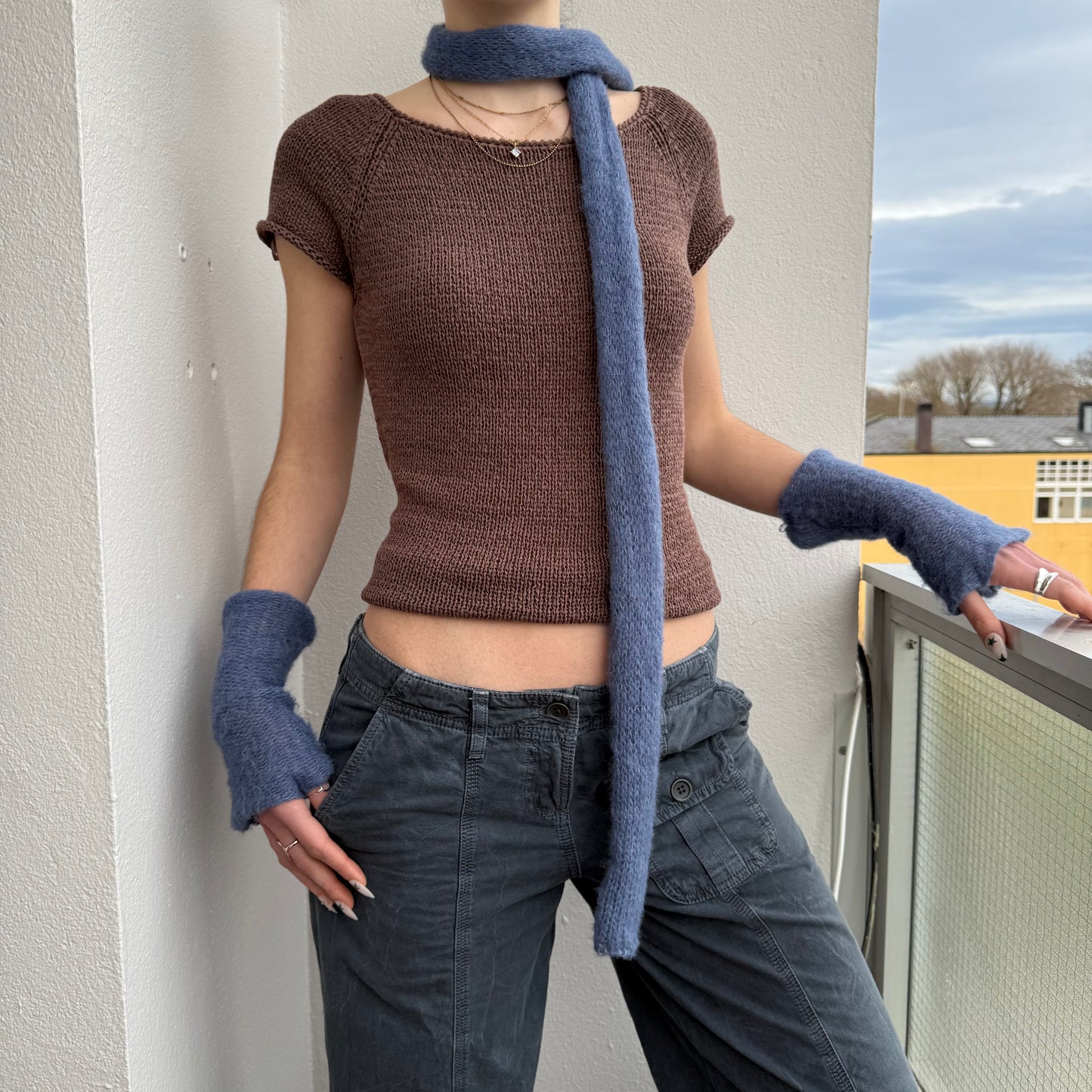 Handmade knitted mohair skinny scarf in denim blue