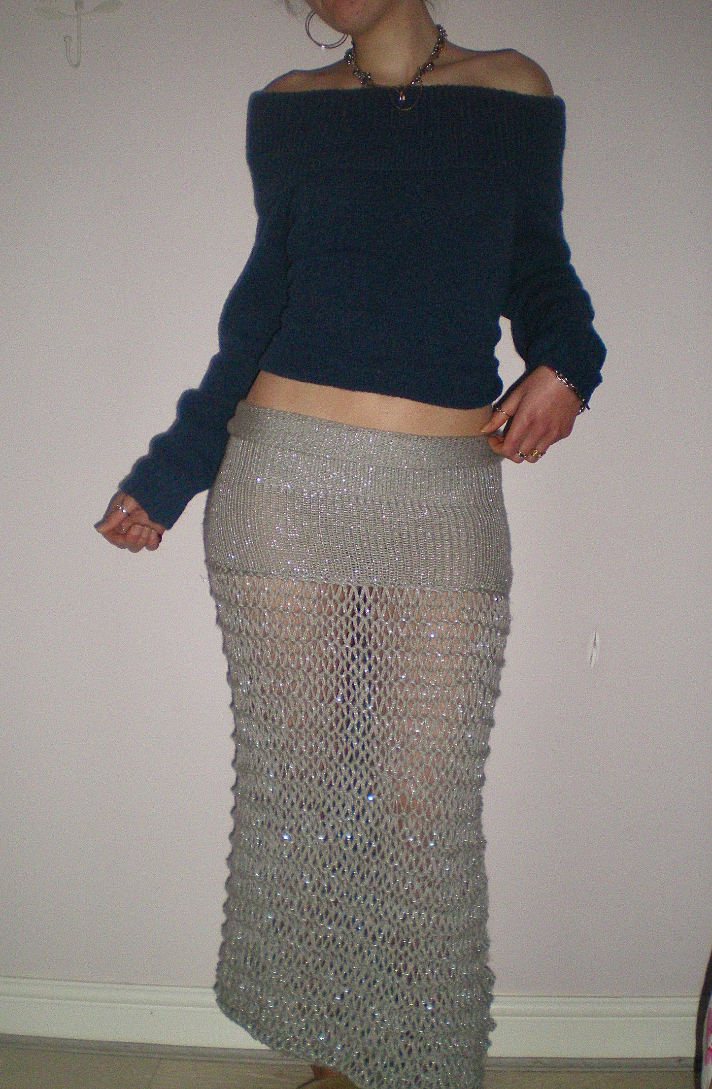 The Chainmail Skirt - handmade silver metallic mesh maxi skirt