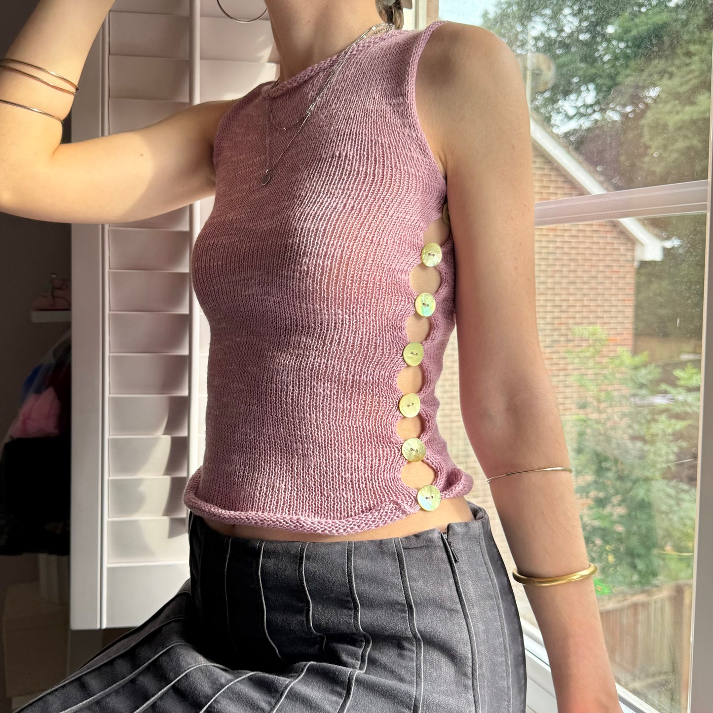 Handmade knitted Pearl Vest in lilac with green mother of pearl buttons - linen blend