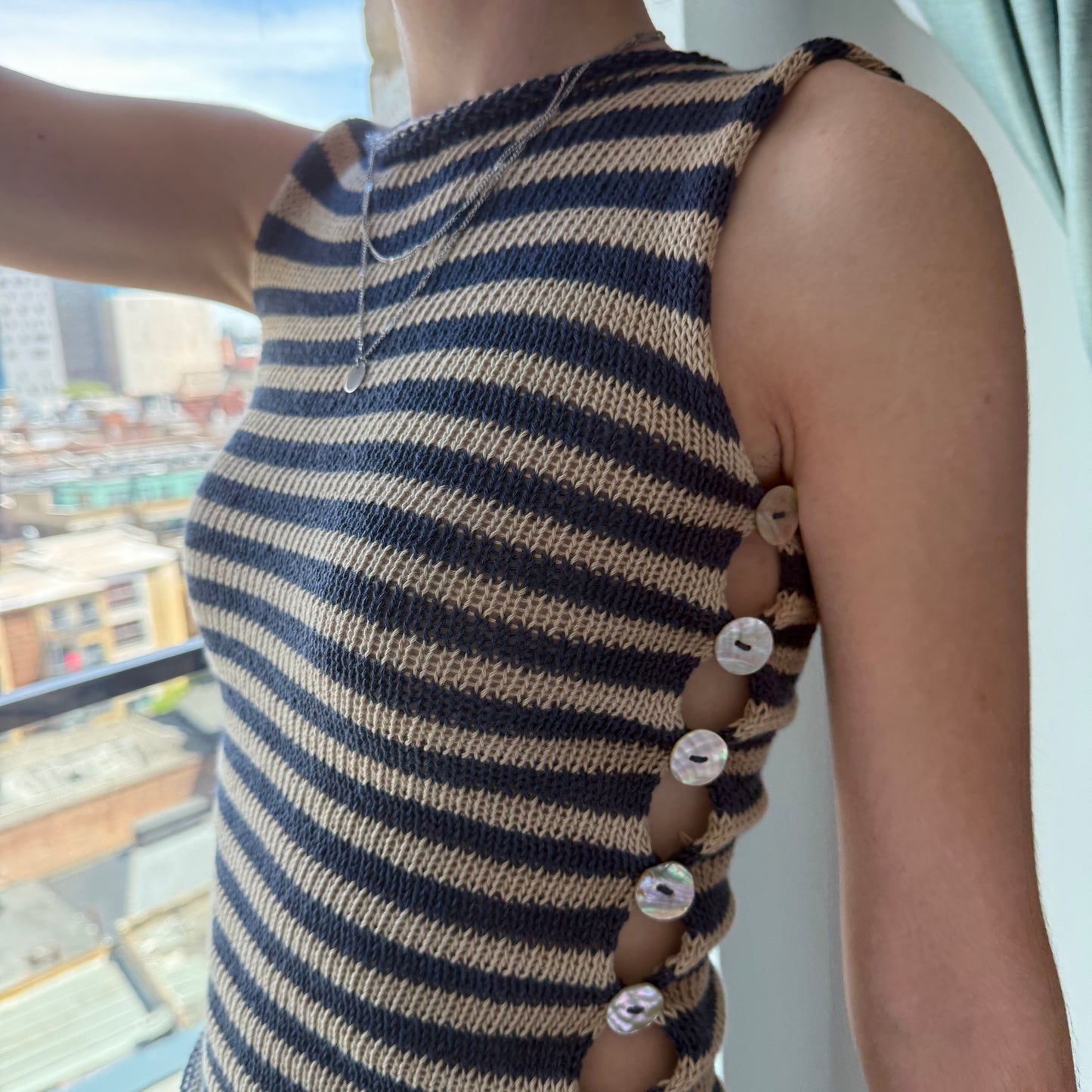Handmade knitted Pearl Vest - navy blue and beige striped