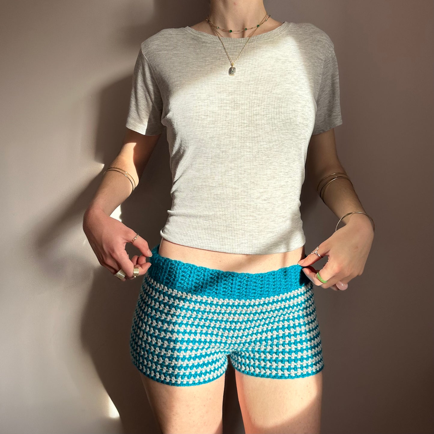 Handmade teal and light grey striped crochet shorts