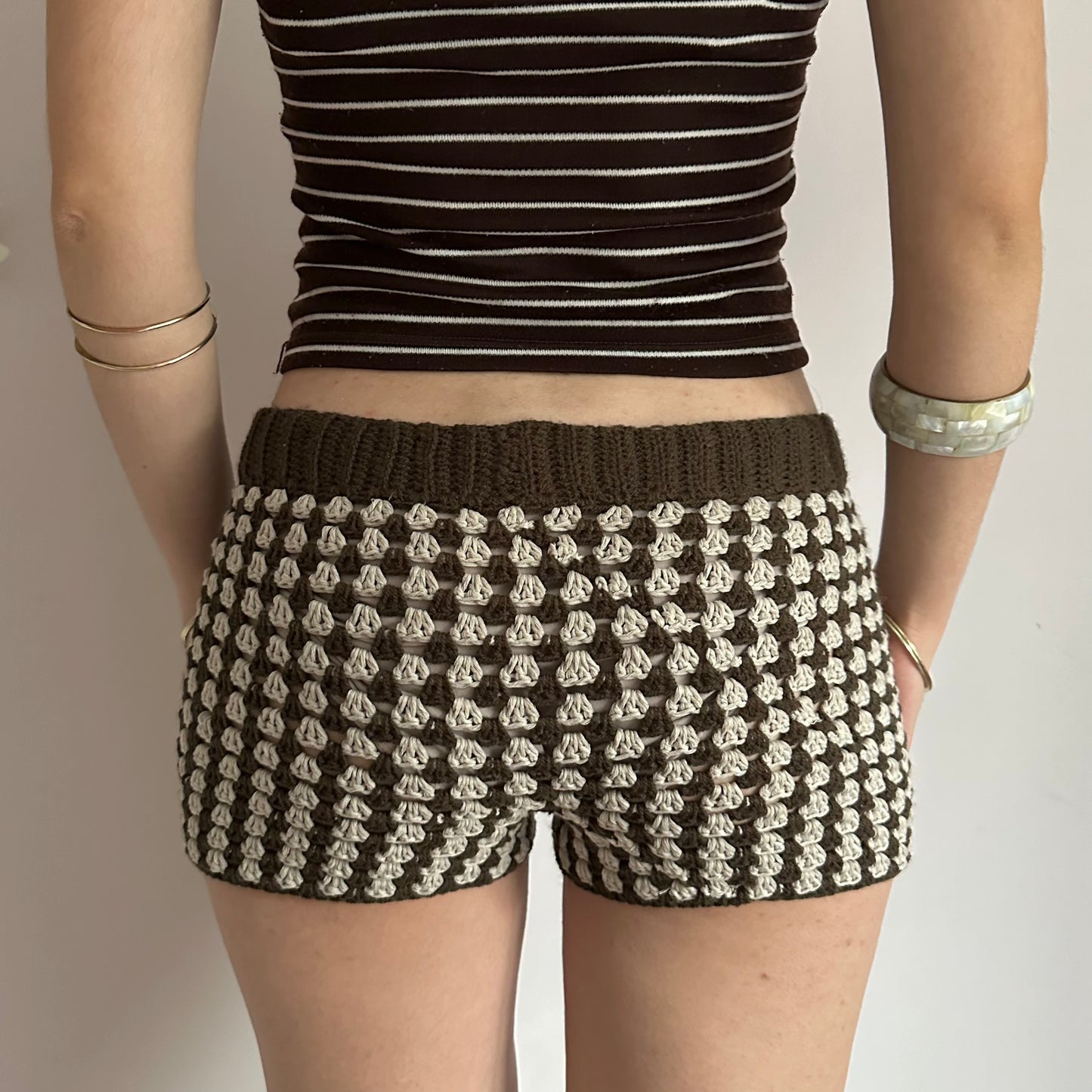 Handmade gingham crochet shorts in brown and beige