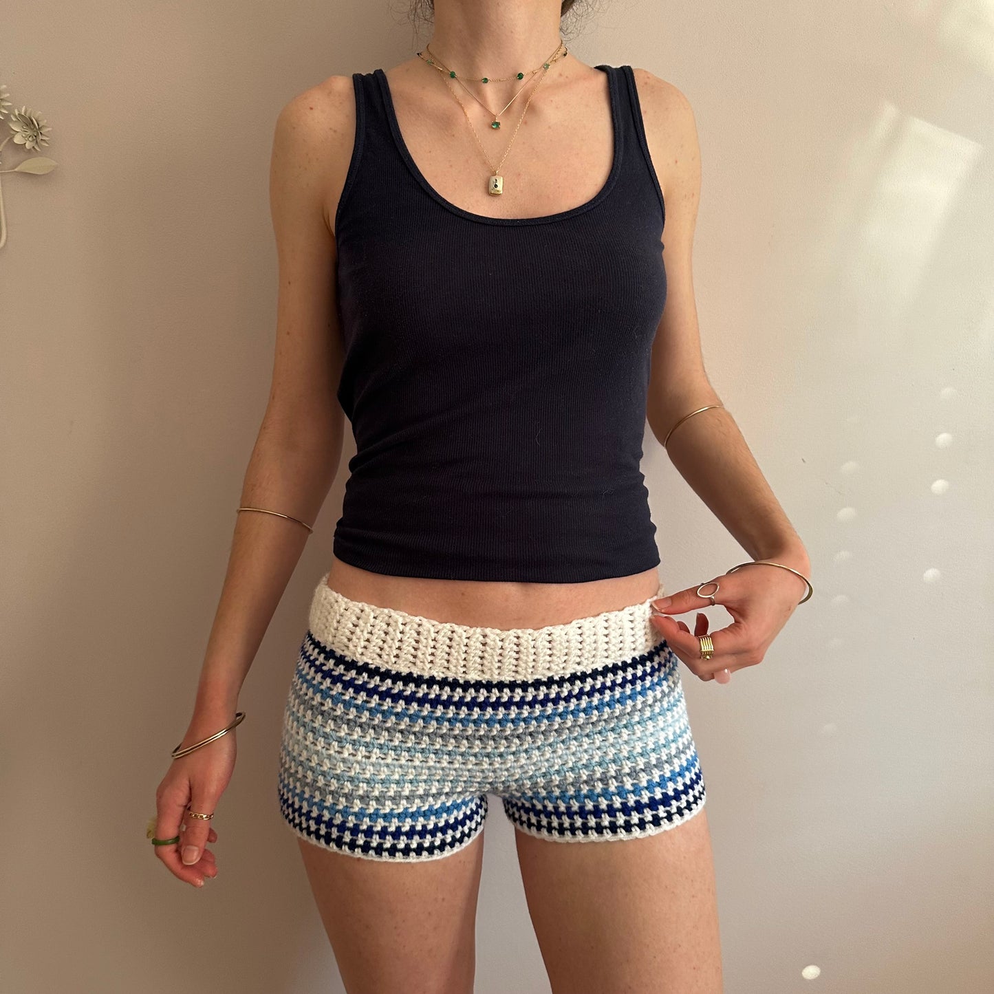 Handmade white and blue ombré striped crochet shorts