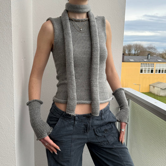 Handmade knitted skinny scarf in grey