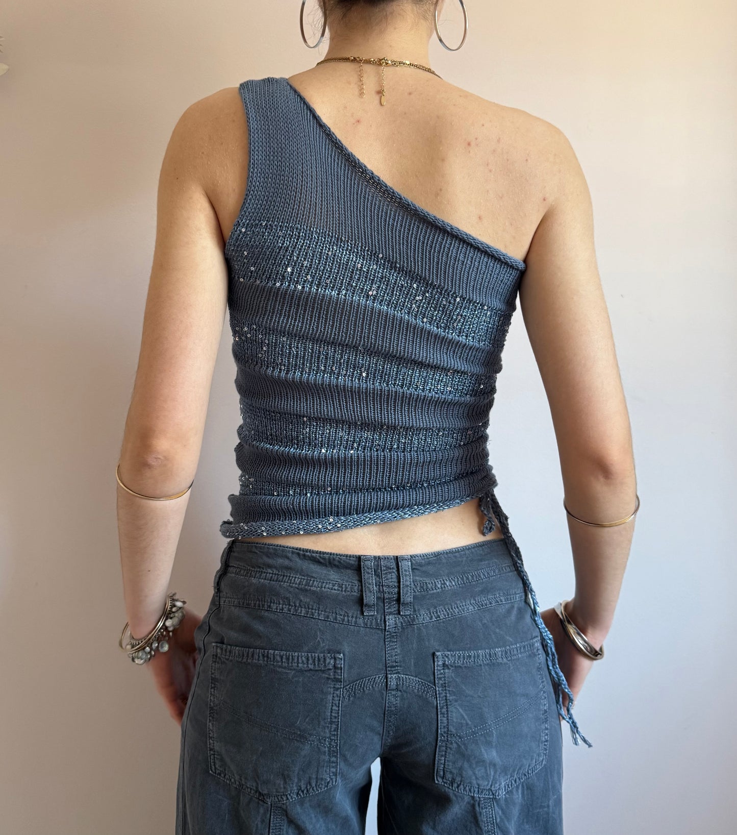 Handmade sparkly draped one shoulder knit top in denim blue - cotton