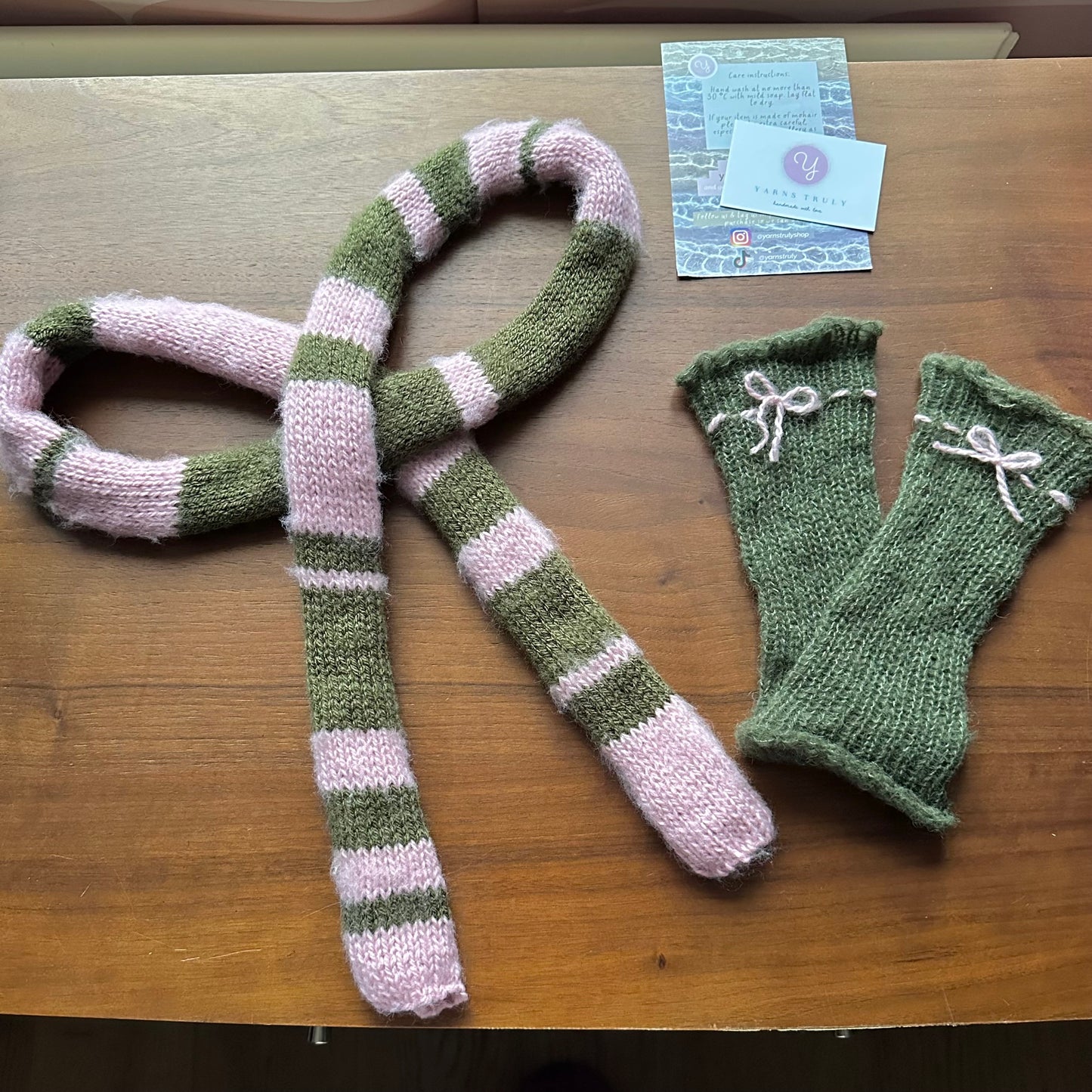 Handmade knitted stripy skinny scarf in dusky pink and khaki green