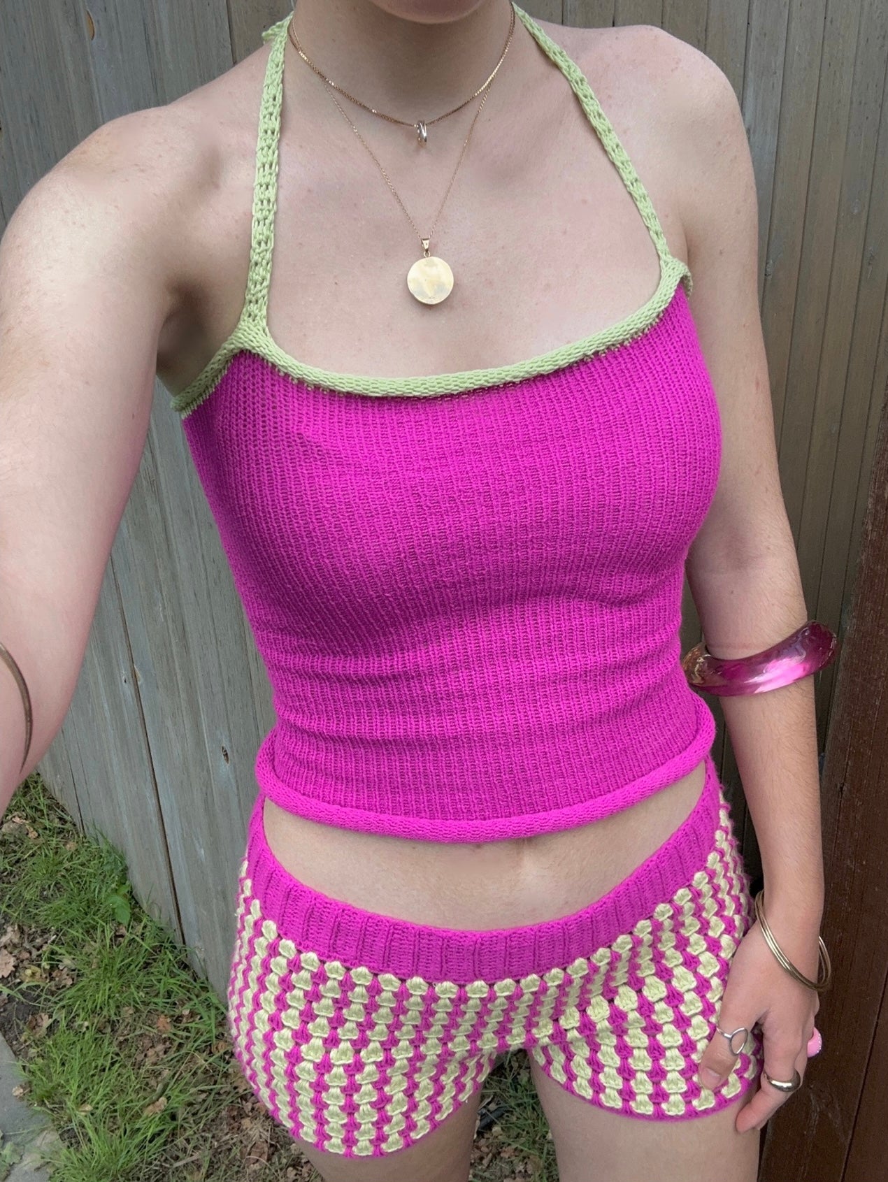 The Pink and Lime Set - matching crochet shorts and knit tank top