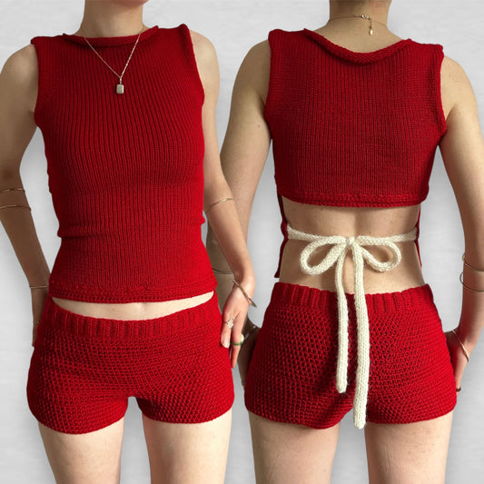 The Red Set - matching crochet shorts and bow tie up knit vest top