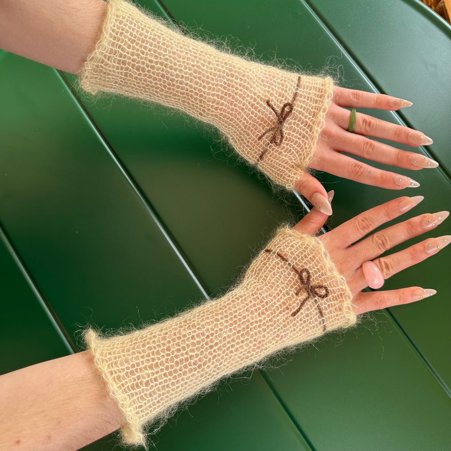 Handmade knitted mohair hand warmers in light yellow and brown - with thumb hole